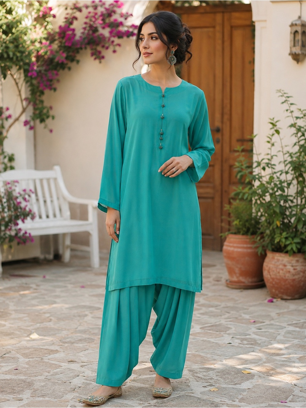 2 piece —Pakistani Teal Georgette Kurta Set with Farshi Shalwar | Size L